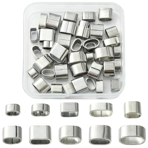 Stiesy 40 Stück 304 Edelstahl-Schiebe-Charms 304, 10 Stile, rechteckige Schnellverbinder-Clips, großes Loch, Lederseilschieber für verstellbare Armbänder, Halsketten, Schmuckherstellung, DIY-Zubehör von Stiesy