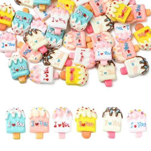 Stiesy Niedliche Harz-Perlen für Eis am Stiel, 6 Farben, "I Love You", Cabochons mit flacher Rückseite, für Scrapbooking, Haarspange, Handyhülle, Sommerthema, Basteln, 36 Stück von Stiesy