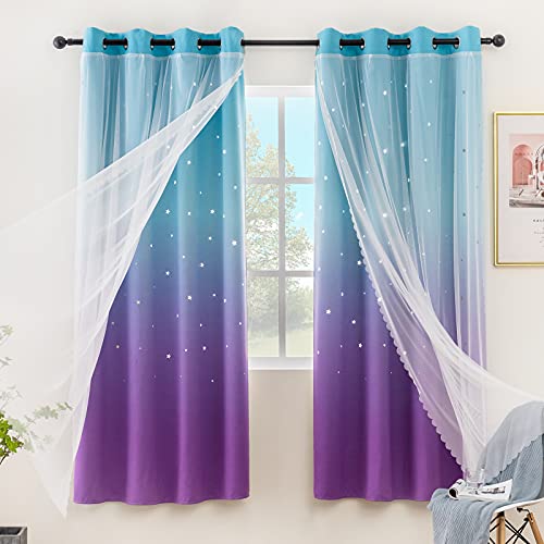 Stiio Star Cutout-Vorhänge für Mädchenzimmer, 2 Paneele, 2-in-1 lichtblockierende Verdunkelungsvorhänge mit durchsichtigen Ösen, Fenstervorhänge für Wohnzimmer, B 132 x L 163 cm, Blau/Violett von Stiio