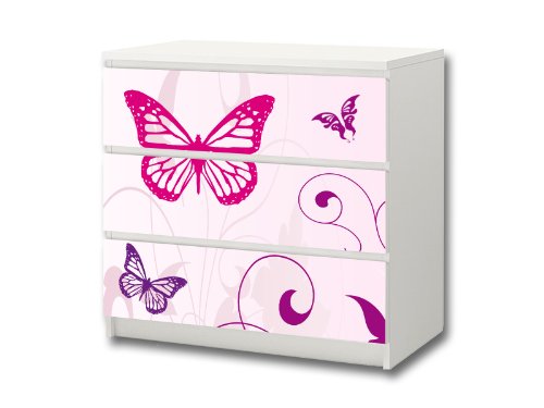"Butterfly" Möbelsticker/Aufkleber - M3K04 - passend für die Kommode mit 3 Fächern/Schubladen MALM von IKEA - Bestehend aus 3 passgenauen Kinderzimmer Möbelfolien (Möbel nicht inklusive) von Stikkipix