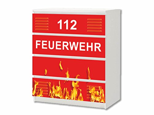 "Feuerwehr" Möbelsticker/Aufkleber - M4K02 - passend für die Kommode mit 4 Fächern/Schubladen MALM von IKEA - Bestehend aus 4 passgenauen Kinderzimmer Möbelfolien (Möbel nicht inklusive) von Stikkipix