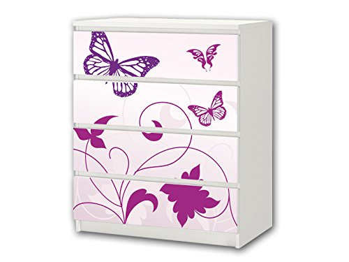 Stikkipix Butterfly Möbelsticker/Aufkleber - M4K04 - passend für die Kommode mit 4 Fächern/Schubladen MALM von IKEA - Bestehend aus 4 passgenauen Kinderzimmer Möbelfolien (Möbel Nicht inklusive) von Stikkipix
