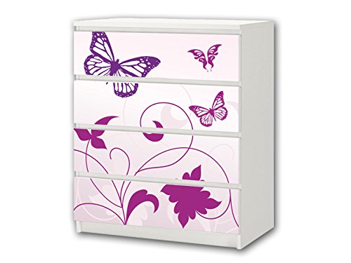 "Butterfly" Möbelsticker/Aufkleber - M4K04 - passend für die Kommode mit 4 Fächern/Schubladen MALM von IKEA - Bestehend aus 4 passgenauen Kinderzimmer Möbelfolien (Möbel nicht inklusive) von Stikkipix