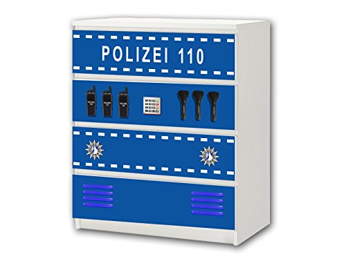"Polizei" Möbelsticker/Aufkleber - M4K21 - passend für die Kommode mit 4 Fächern/Schubladen MALM von IKEA - Bestehend aus 4 passgenauen Kinderzimmer Möbelfolien (Möbel nicht inklusive) von Stikkipix