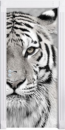 Stil.Zeit Möbel Anmutiger Tiger in Schwarz/Weiß als Türtapete, Format: 200x90cm, Türbild, Türaufkleber, Tür Deko, Türsticker von Stil.Zeit