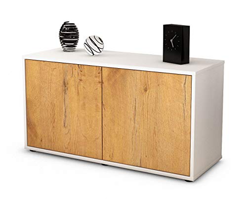 Stil.Zeit TV Schrank Lowboard Ada, Korpus Weiss matt, Front Holz Design Eiche (92x49x35cm), Push to Open Technik von Stil.Zeit