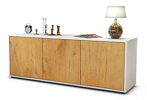 Stil.Zeit TV Schrank Lowboard Allegra, Korpus Weiss matt, Front Holz Design Eiche (135x49x35cm), Push to Open Technik von Stil.Zeit