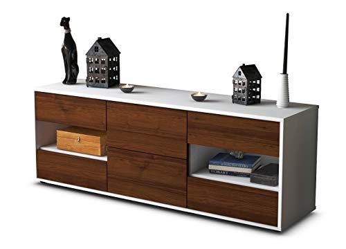 Stil.Zeit TV Schrank Lowboard Anni, Korpus Weiss matt, Front Holz Design Walnuss (135x49x35cm), Push to Open Technik & Leichtlaufschienen von Stil.Zeit