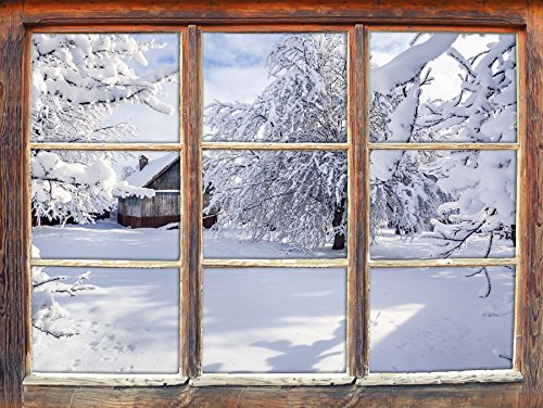 Stil.Zeit Möbel Winterlandschaft mit Hütte Fenster 3D-Wandsticker Format: 92x62cm Wanddekoration 3D-Wandaufkleber Wandtattoo von Stil.Zeit