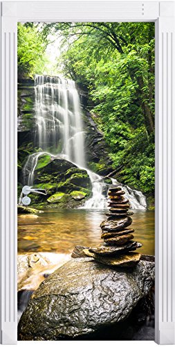 Stil.Zeit Möbel Zen Steine vor Wasserfall als Türtapete, Format: 200x90cm, Türbild, Türaufkleber, Tür Deko, Türsticker von Stil.Zeit