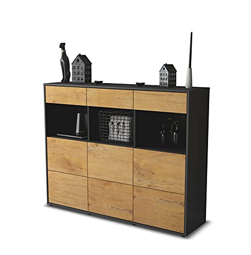 Highboard Kommode Stella - Korpus Anthrazit matt - Front Holz-Design Eiche (136x108x35cm) - Push-to-Open Technik & hochwertigen Leichtlaufschienen - Made in Germany von Stil.Zeit