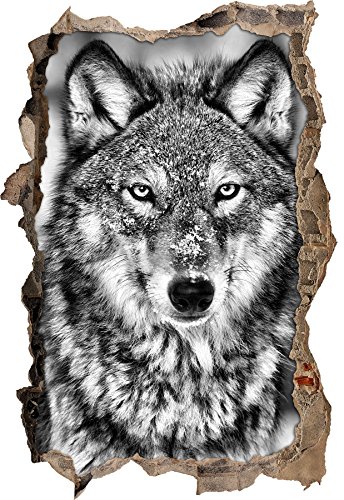 Monocrome, Wachsamer Wolf Wanddurchbruch im 3D-Look, Wand- oder Türaufkleber Format: 92x62cm, Wandsticker, Wandtattoo, Wanddekoration von Stil.Zeit