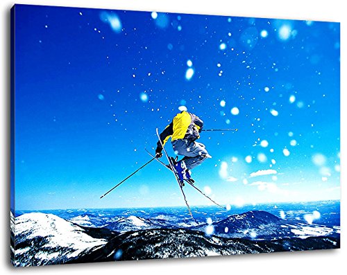 Skifahrer im Winter Format:100x70 cm Bild auf Leinwand bespannt, riesige XXL Bilder komplett und fertig gerahmt mit Keilrahmen, Kunstdruck auf Wand Bild mit Rahmen, günstiger als Gemälde oder Bild, kein Poster oder Plakat von Stil.Zeit