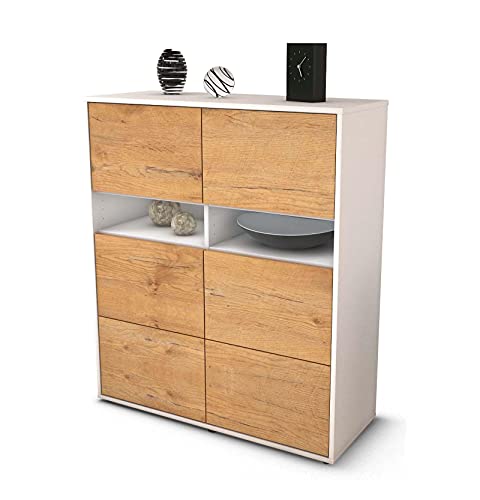 Stil.Zeit Highboard Jasmin - Korpus Weiss matt - Front Holz-Design Eiche (92x108x35cm) - Push-to-Open Technik & hochwertigen Leichtlaufschienen - Made in Germany von Stil.Zeit