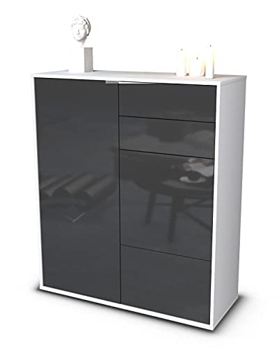 Stil.Zeit Highboard Kiara, Korpus Weiss matt, Front Hochglanz-Design Graphit (92x108x35cm), Push-to-Open Technik & Leichtlaufschienen von Stil.Zeit