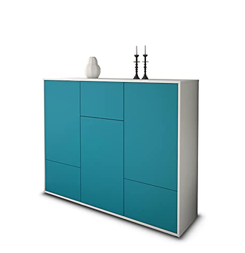 Stil.Zeit Highboard Kommode Mira - Korpus Weiss matt - Front Farb-Design Lagunenblau (136x108x35cm) - Push-to-Open Technik & hochwertigen Leichtlaufschienen - Made in Germany von Stil.Zeit