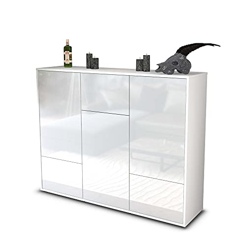 Stil.Zeit Highboard Kommode Mira, Korpus Weiss matt, Front Hochglanz-Design Weiß (136x108x35cm), Push-to-Open Technik & Leichtlaufschienen von Stil.Zeit