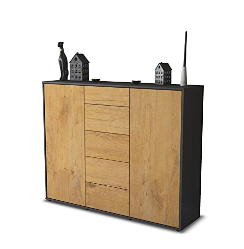 Stil.Zeit Highboard Kommode Nina, Korpus anthrazit matt, Front Holz-Design Eiche (136x108x35cm), Push-to-Open Technik & Leichtlaufschienen von Stil.Zeit