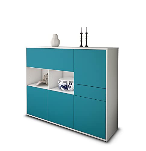 Stil.Zeit Highboard Kommode Valeria, Korpus Weiss matt, Front Farb-Design Lagunenblau (136x108x35cm), Push-to-Open Technik & Leichtlaufschienen von Stil.Zeit