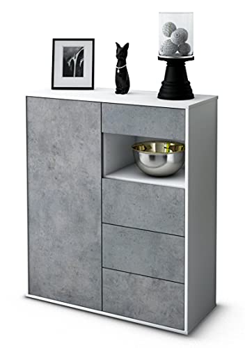 Stil.Zeit Highboard Lea, Korpus Weiss matt, Front Industrie-Design Beton (92x108x35cm), Push-to-Open Technik & Leichtlaufschienen von Stil.Zeit