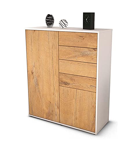 Stil.Zeit Highboard Leonora - Korpus Weiss matt - Front Holz-Design Eiche (92x108x35cm) - Push-to-Open Technik & hochwertigen Leichtlaufschienen - Made in Germany von Stil.Zeit