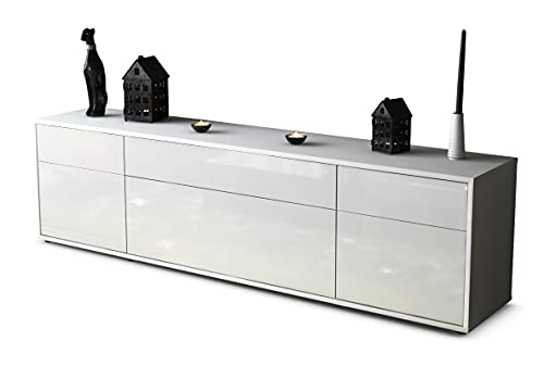 Stil.Zeit Lowboard Bryson - Korpus Weiss matt - Front im Hochglanz-Design Weiß (180x49x35cm) Push-to-Open Technik & Leichtlaufschienen von Stil.Zeit