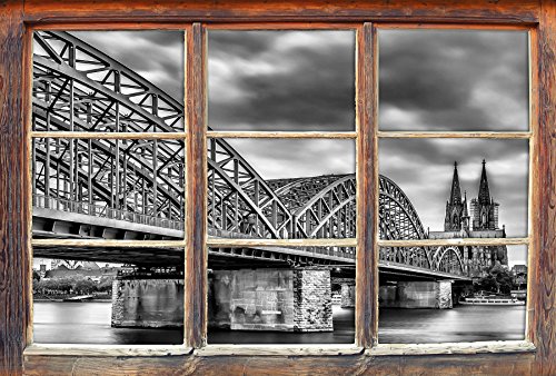 Stil.Zeit Monocrome, Prächtige Hohenzollernbrücke in Köln Fenster im 3D-Look, Wand- oder Türaufkleber Format: 62x42cm, Wandsticker, Wandtattoo, Wanddekoration von Stil.Zeit