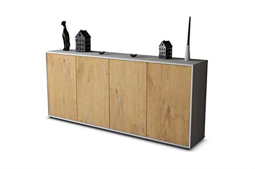 Stil.Zeit Sideboard Amadeus - Korpus Weiss matt - Front im Holz-Design Eiche (180x79x35cm) Push-to-Open Technik & Leichtlaufschienen von Stil.Zeit