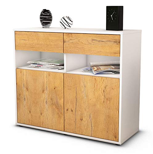 Stil.Zeit Sideboard Bruna, Korpus Weiss matt, Front Holz-Design Eiche (92x79x35cm) Push-to-Open Technik & Leichtlaufschienen von Stil.Zeit