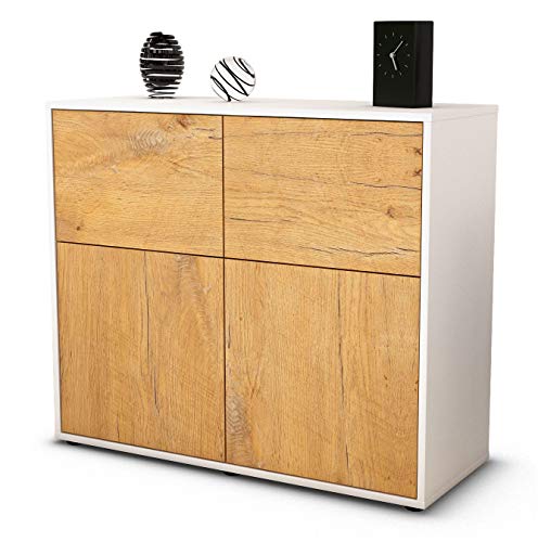 Stil.Zeit Sideboard Calliope, Korpus Weiss matt, Front Holz-Design Eiche (92x79x35cm) Push-to-Open Technik von Stil.Zeit