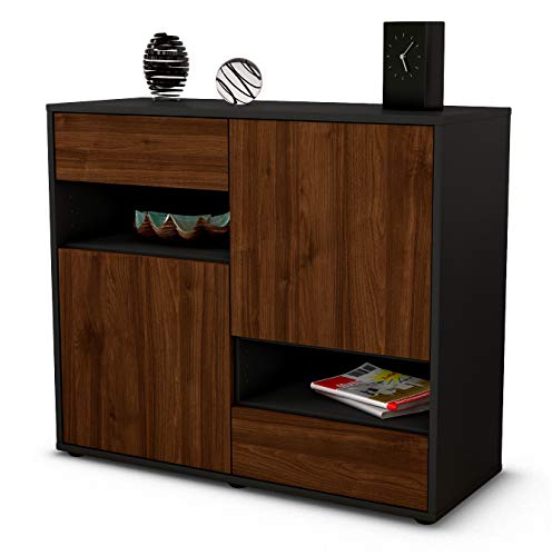 Stil.Zeit Sideboard Carmelina - Korpus anthrazit matt - Front Holz-Design Walnuss (92x79x35cm) Push-to-Open Technik & Leichtlaufschienen von Stil.Zeit