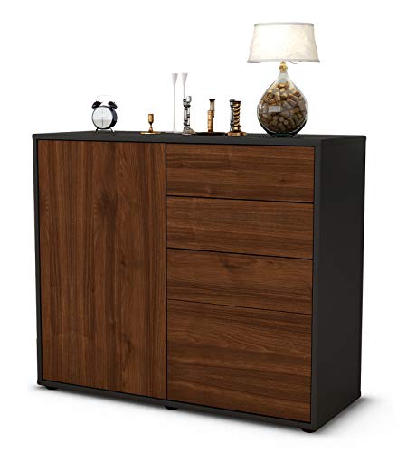 Stil.Zeit Sideboard Celestina, Korpus anthrazit matt, Front Holz-Design Walnuss (92x79x35cm) Push-to-Open Technik & Leichtlaufschienen von Stil.Zeit