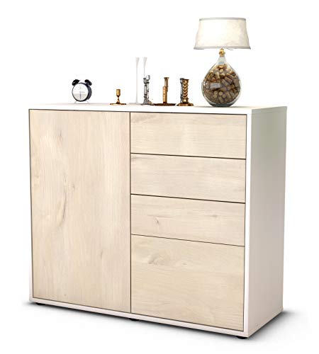 Stil.Zeit Sideboard Celestina, Korpus Weiss matt, Front Holz-Design Zeder (92x79x35cm) Push-to-Open Technik & Leichtlaufschienen von Stil.Zeit