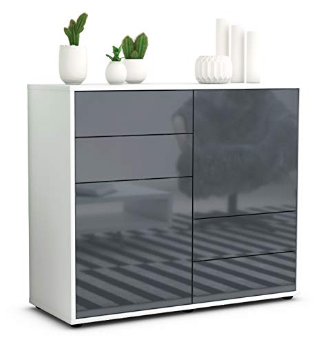 Stil.Zeit Sideboard Ciara - Korpus Weiss matt - Front Hochglanz Graphit (92x79x35cm) Push-to-Open Technik & Leichtlaufschienen von Stil.Zeit