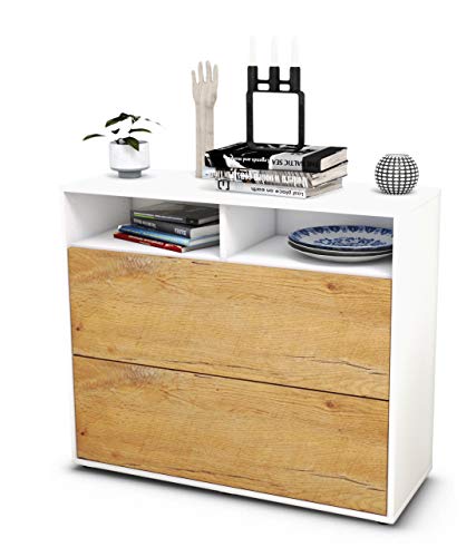 Stil.Zeit Sideboard Cosma - Korpus Weiss matt - Front Holz-Design Eiche (92x79x35cm) Push-to-Open Technik von Stil.Zeit