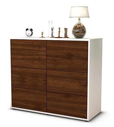 Stil.Zeit Sideboard Dana - Korpus Weiss matt - Front Holz-Design Walnuss (92x79x35cm) Push-to-Open Technik & Leichtlaufschienen von Stil.Zeit