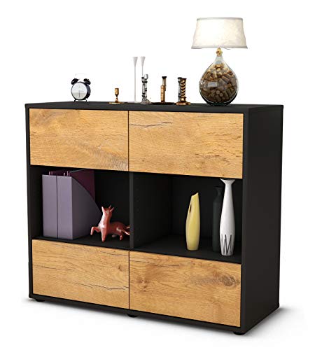 Stil.Zeit Sideboard Daniela, Korpus anthrazit matt, Front Holz-Design Eiche (92x79x35cm) Push-to-Open Technik & Leichtlaufschienen von Stil.Zeit