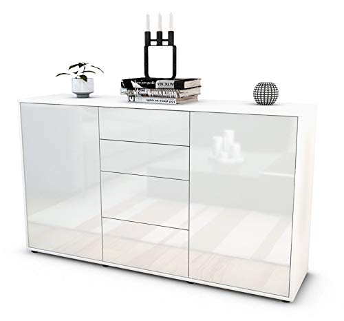 Stil.Zeit Sideboard Donna, Korpus weiß matt, Front Hochglanz Weiß (136x79x35cm) Push-to-Open Technik & Leichtlaufschienen von Stil.Zeit