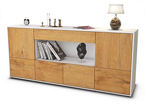 Stil.Zeit Sideboard ELSA, Korpus Weiss matt, Front Holz-Design Eiche (180x79x35cm) Push-to-Open Technik & Leichtlaufschienen von Stil.Zeit