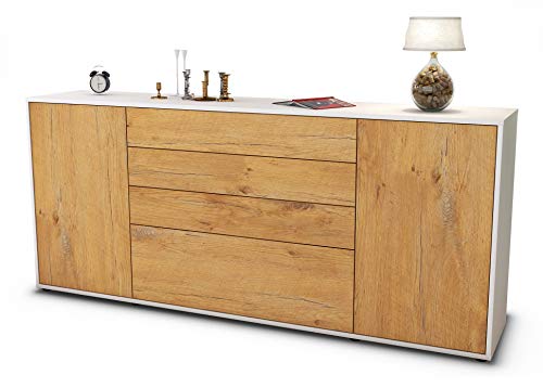 Stil.Zeit Sideboard Eleni - Korpus Weiss matt - Front Holz-Design Eiche (180x79x35cm) Push-to-Open Technik & Leichtlaufschienen von Stil.Zeit