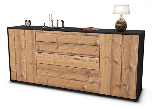 Stil.Zeit Sideboard Eleni - Korpus anthrazit matt - Front Holz-Design Pinie (180x79x35cm) Push-to-Open Technik & Leichtlaufschienen von Stil.Zeit