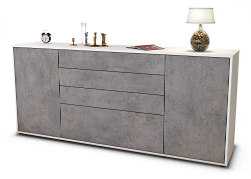 Stil.Zeit Sideboard Eleni, Korpus Weiss matt, Front Industrie-Design Beton (180x79x35cm) Push-to-Open Technik & Leichtlaufschienen von Stil.Zeit