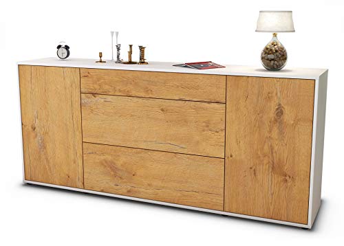 Stil.Zeit Sideboard Eleonora - Korpus Weiss matt - Front Holz-Design Eiche (180x79x35cm) Push-to-Open Technik & Leichtlaufschienen von Stil.Zeit