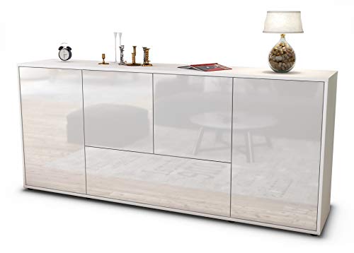 Stil.Zeit Sideboard Eli - Korpus Weiss matt - Front Hochglanz Weiß (180x79x35cm) Push-to-Open Technik von Stil.Zeit