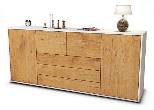 Stil.Zeit Sideboard Eliana - Korpus Weiss matt - Front Holz-Design Eiche (180x79x35cm) Push-to-Open Technik & Leichtlaufschienen von Stil.Zeit