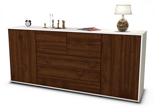 Stil.Zeit Sideboard Eliana - Korpus Weiss matt - Front Holz-Design Walnuss (180x79x35cm) Push-to-Open Technik & Leichtlaufschienen von Stil.Zeit