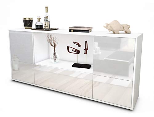 Stil.Zeit Sideboard Elvezia, Korpus Weiss matt, Front Hochglanz Weiß (180x79x35cm) Push-to-Open Technik von Stil.Zeit