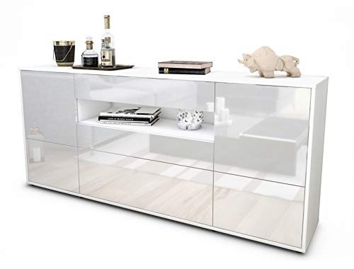 Stil.Zeit Sideboard Elvira, Korpus Weiss matt, Front Hochglanz Weiß (180x79x35cm) Push-to-Open Technik & Leichtlaufschienen von Stil.Zeit