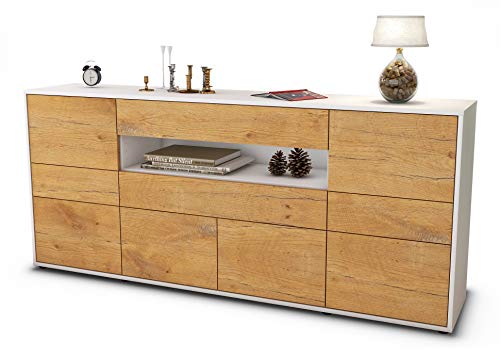 Stil.Zeit Sideboard Emerelda - Korpus Weiss matt - Front Holz-Design Eiche (180x79x35cm) Push-to-Open Technik & Leichtlaufschienen von Stil.Zeit