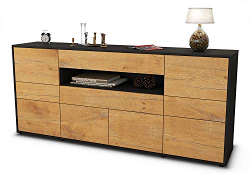 Stil.Zeit Sideboard Emerelda, Korpus anthrazit matt, Front Holz-Design Eiche (180x79x35cm) Push-to-Open Technik & Leichtlaufschienen von Stil.Zeit